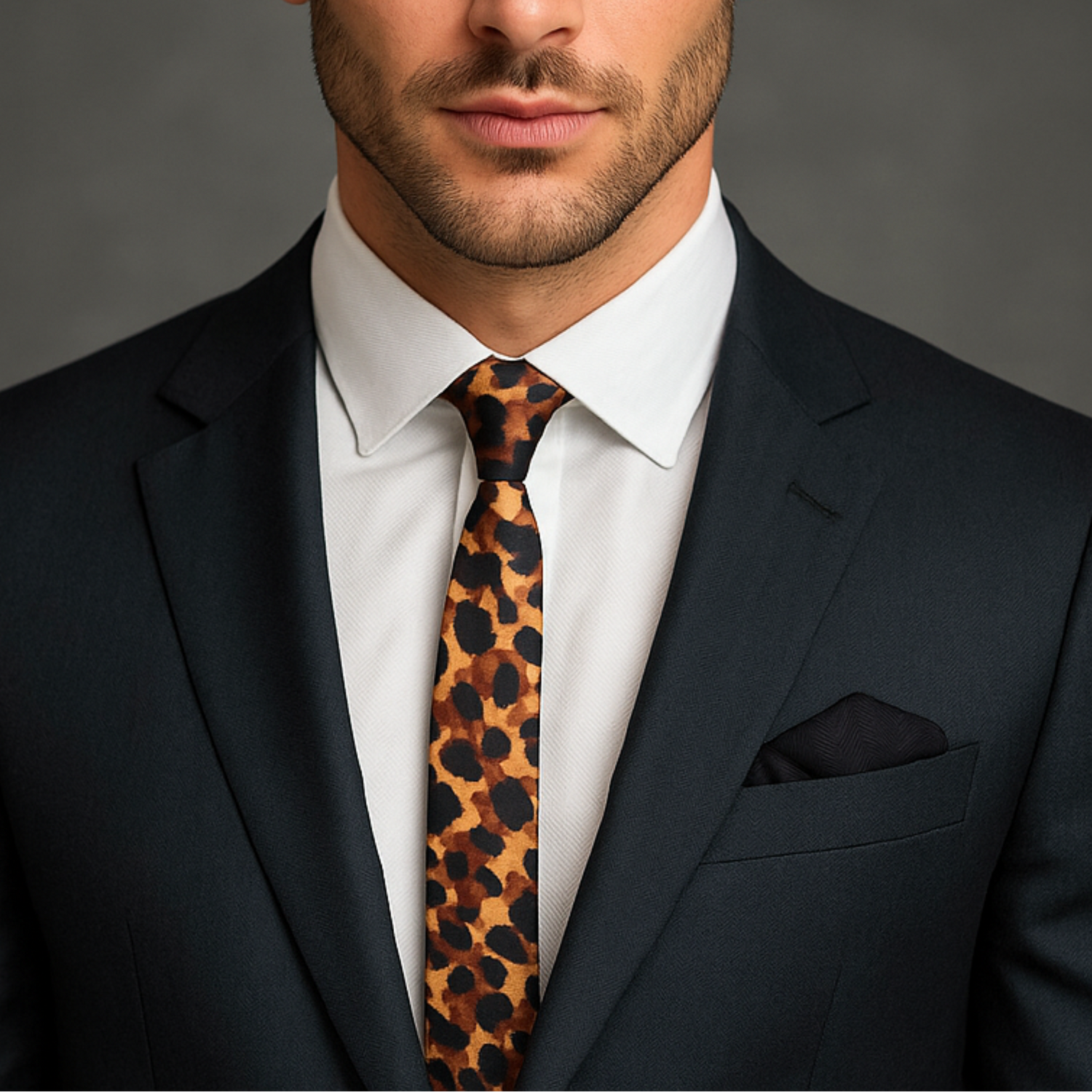 Man wearing a black suit with a white shirt and leopard print thin tie with black square on a gray background