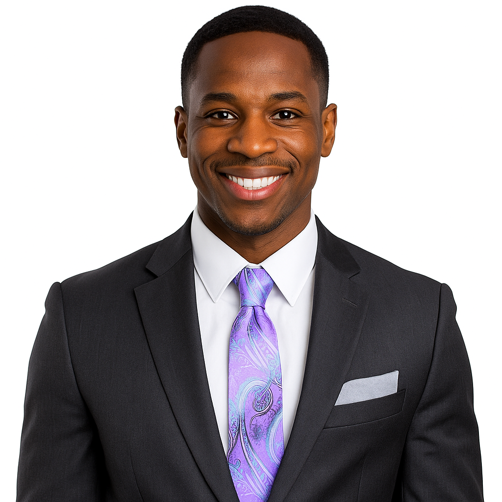 Man wearing a black suit with a purple tie on a white background