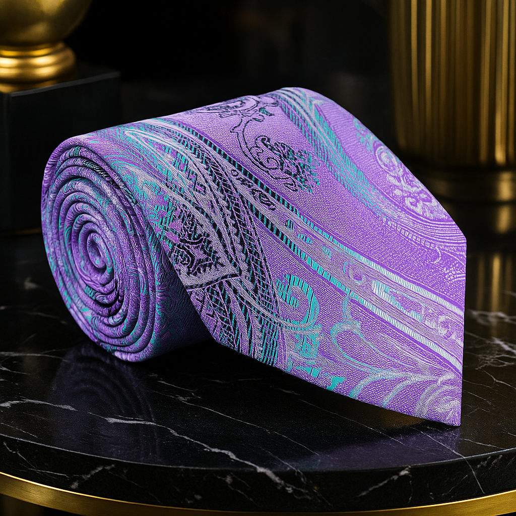 Purple paisley tie on a reflective black surface with gold accents