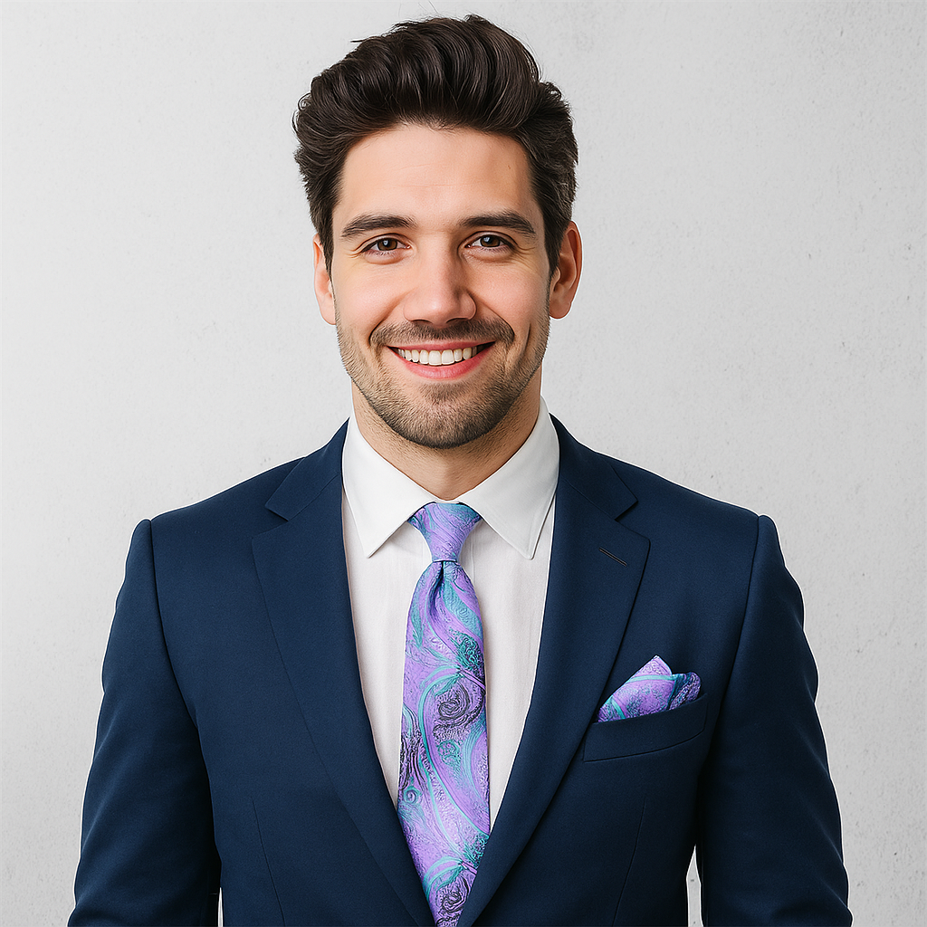 Man wearing a navy suit with a colorful purple and teal paisley tie and pocket square on a light gray background