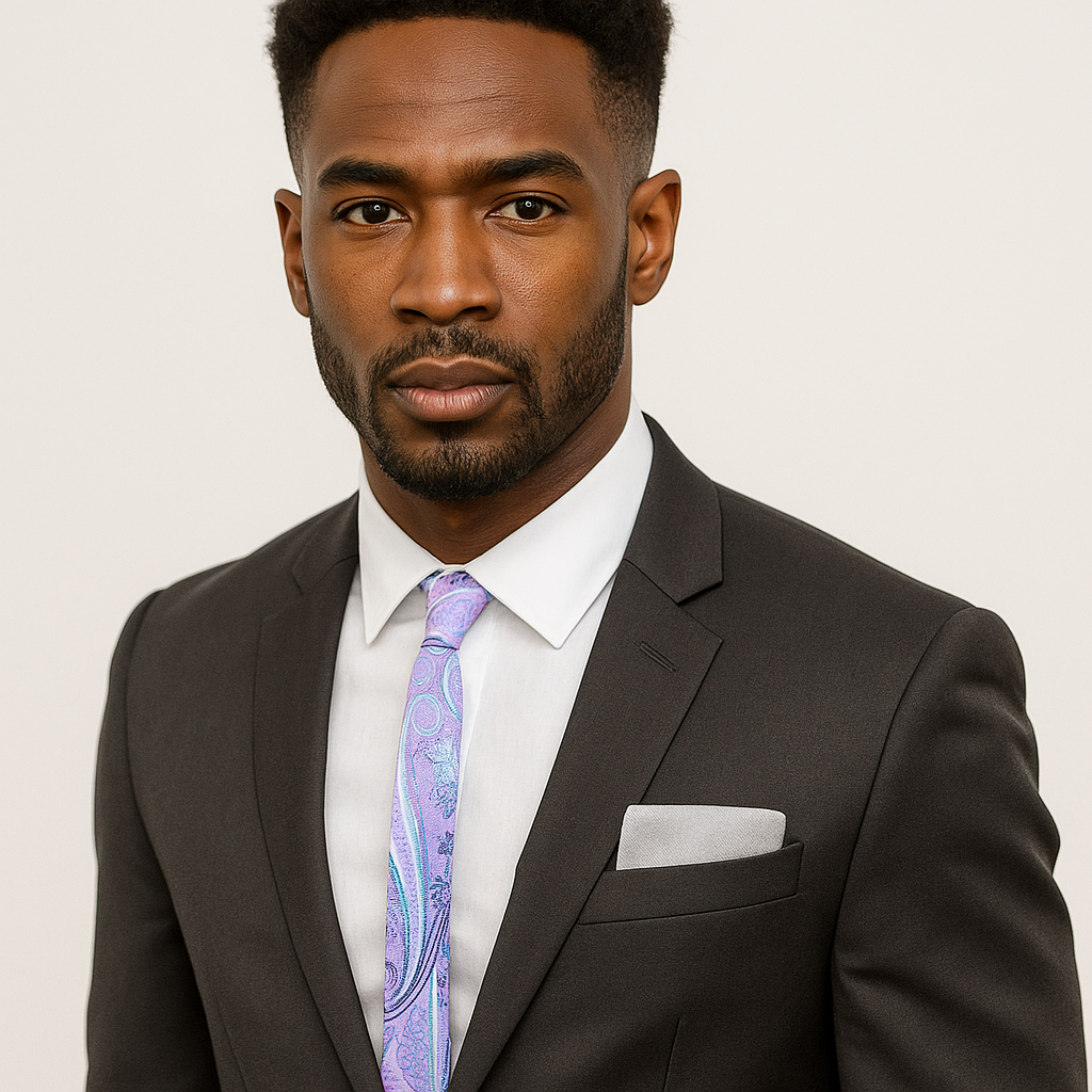 Man wearing a dark suit with a white shirt and purple and teal patterned thin tie on a plain background