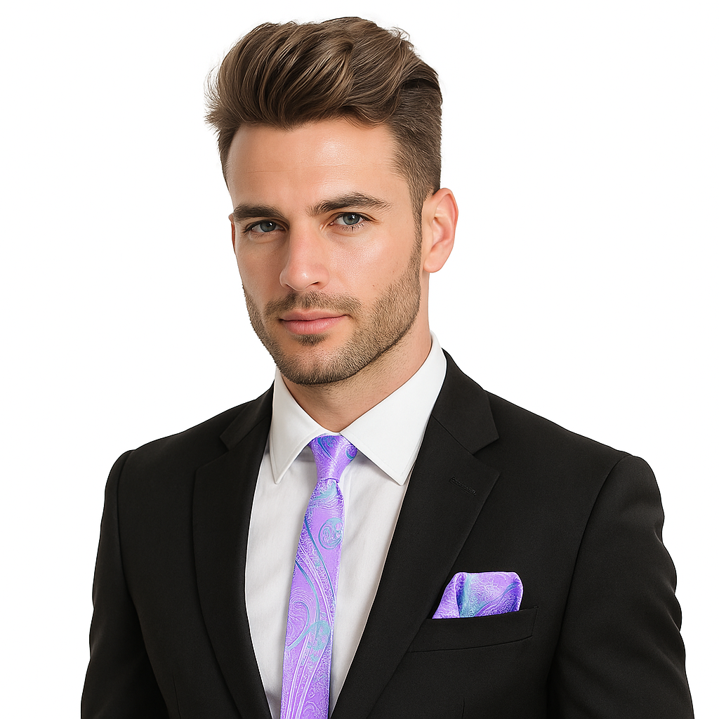 Man wearing a black suit with a white shirt, purple thin tie, and matching pocket square on a white background