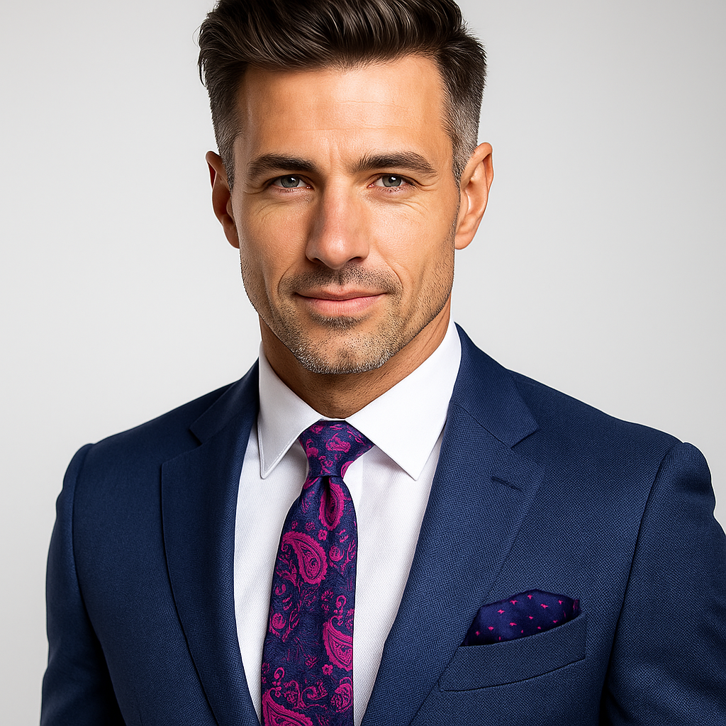 Man wearing a blue suit with a blue and pink paisley tie and pocket square on a gray background