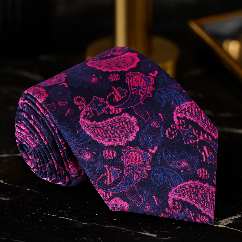 Pink and blue paisley patterned tie on a dark surface
