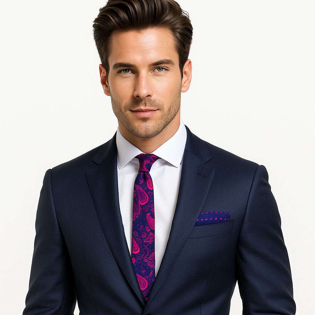 Man wearing a navy suit with a patterned blue and pink paisley thin tie and accenting blue and pink geometric square on a white background