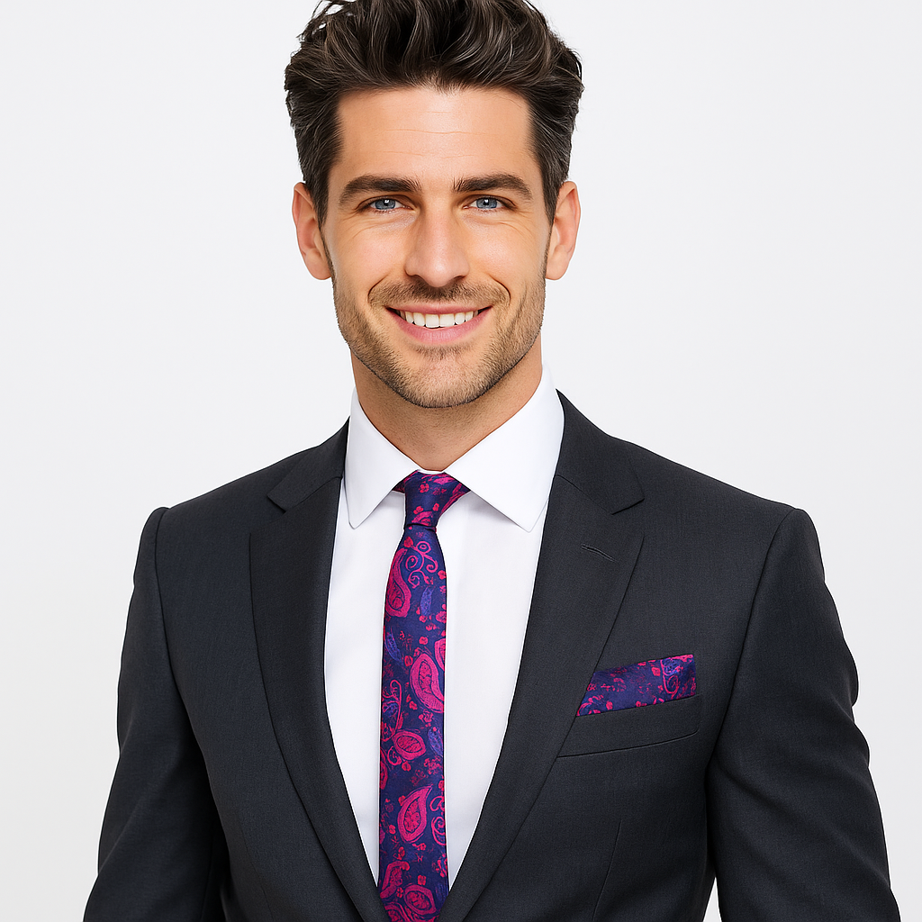 Man wearing a black suit with a white shirt and a colorful blue and pink paisley thin tie on a light gray background