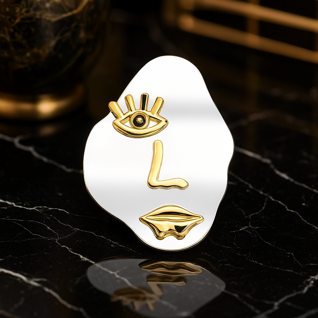 Main Chrome and Gold Colored Abstract Face Lapel Pin