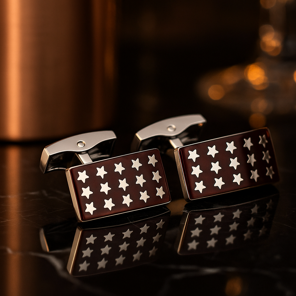 Main A Mahogany, Chrome Color Rectangle Shape with Stars Pattern Cuff-links