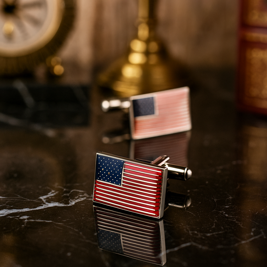 A Chrome with Red, White, Blue American Flag Cuff-links Main View