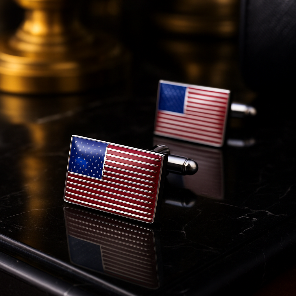 American flag cufflinks on a reflective surface with a blurred background
