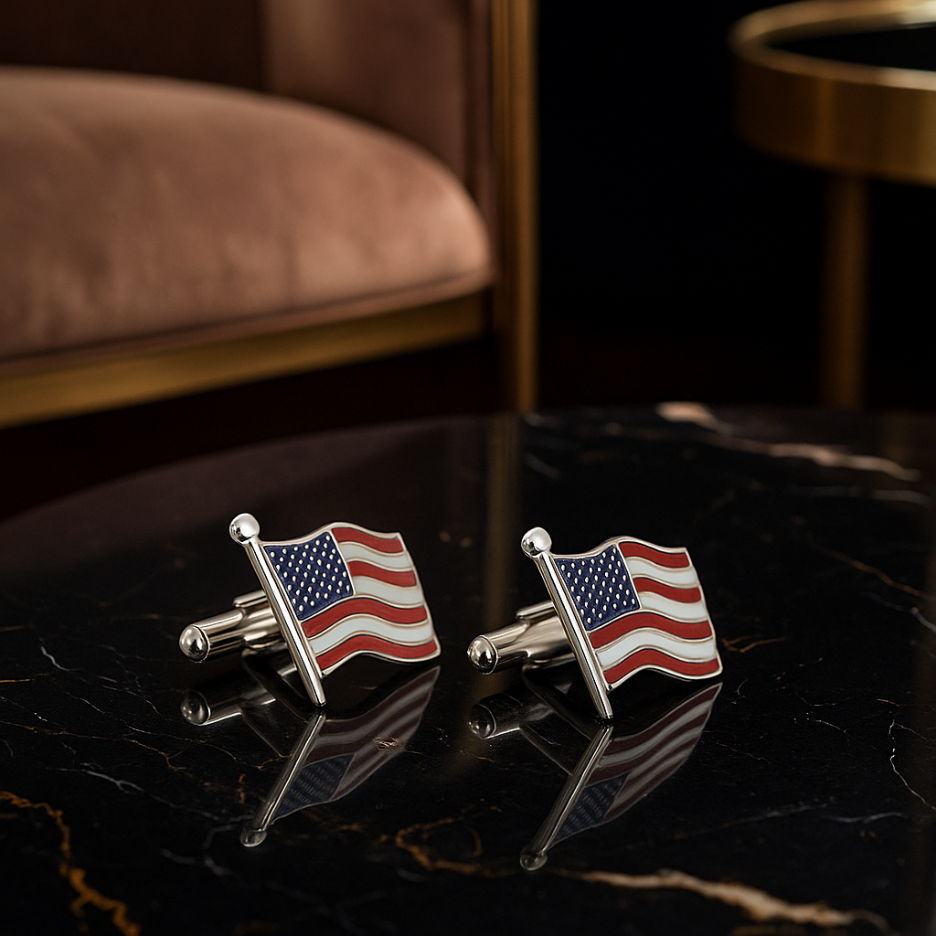American flag cufflinks on a reflective surface with a blurred background