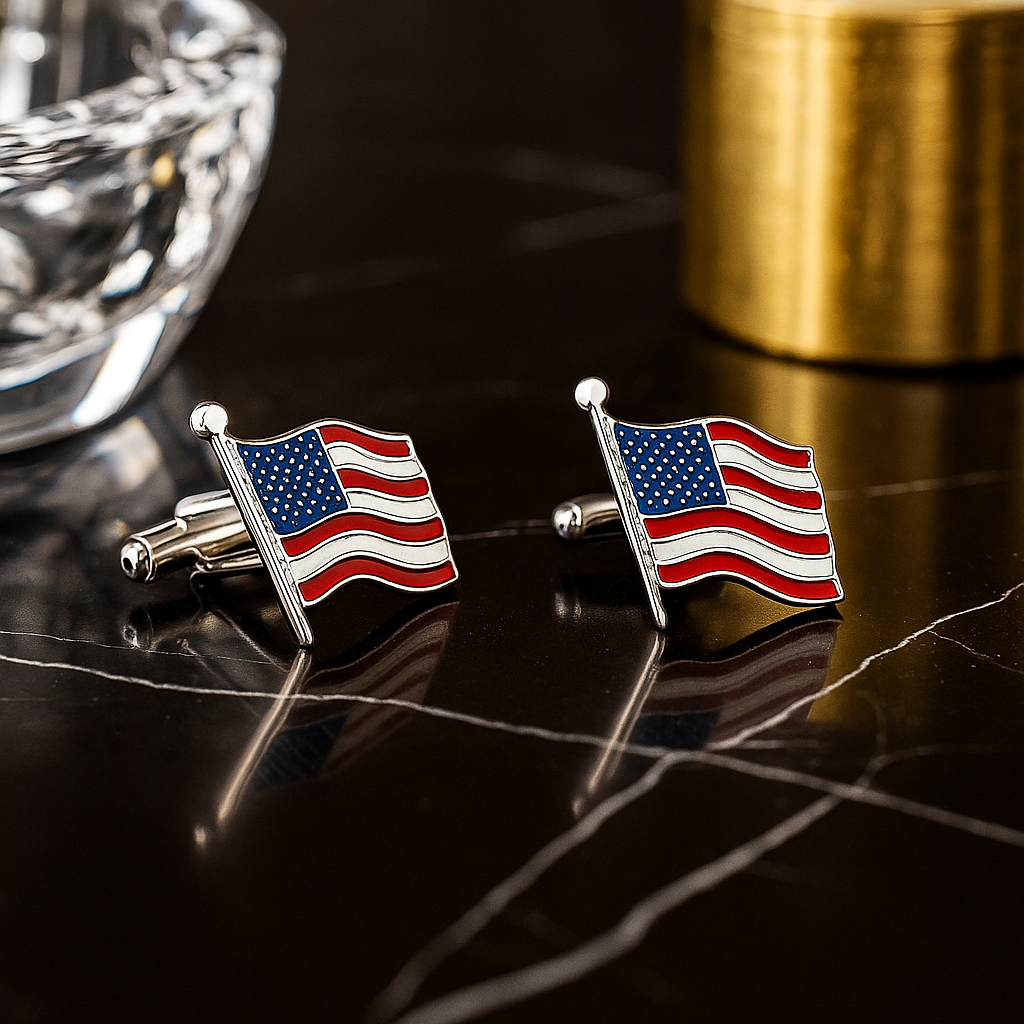 American flag cufflinks on a reflective surface with a dark background