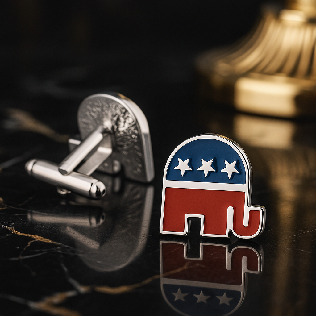 Republican elephant pin and cufflinks on a reflective surface with a blurred background