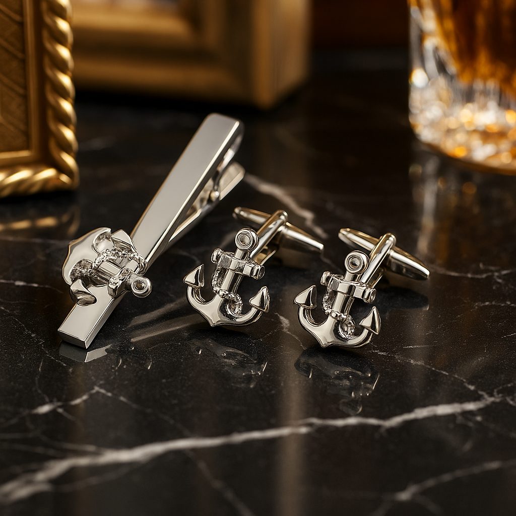 Silver anchor-themed tie clip and cufflinks on a dark marble surface with a glass of whiskey in the background.