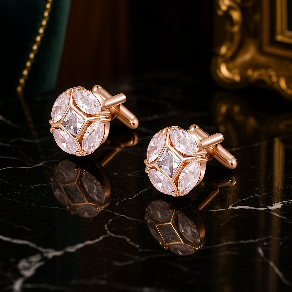 View 2 Rose Gold Clear Stone Circle Cufflinks