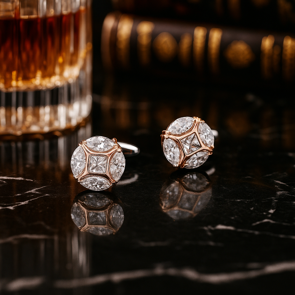 Pair of cufflinks on a reflective surface with a blurred background