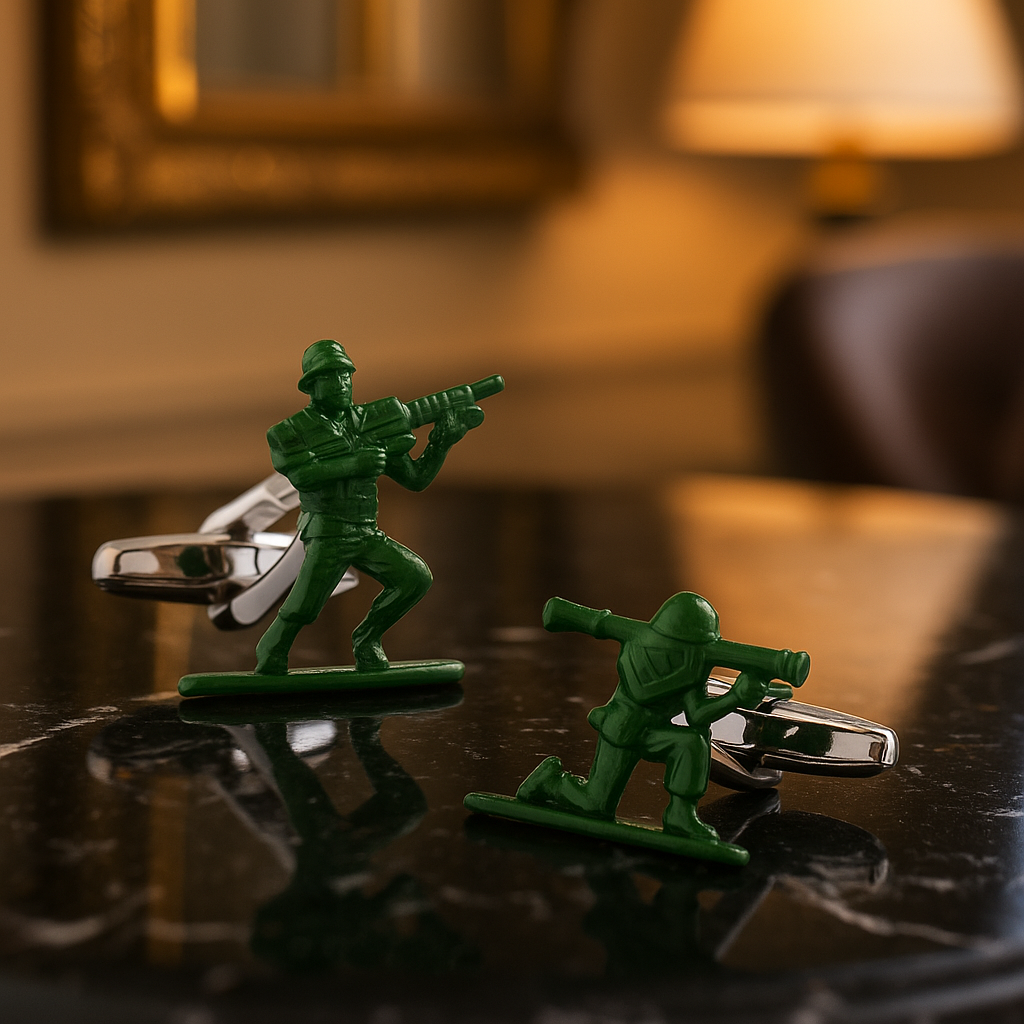 Green toy soldiers on a metallic surface with a blurred background