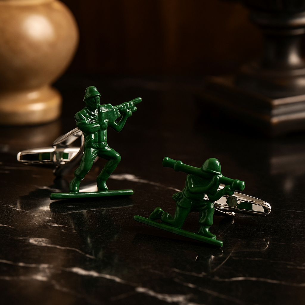 Green toy soldiers with rifles on a dark surface