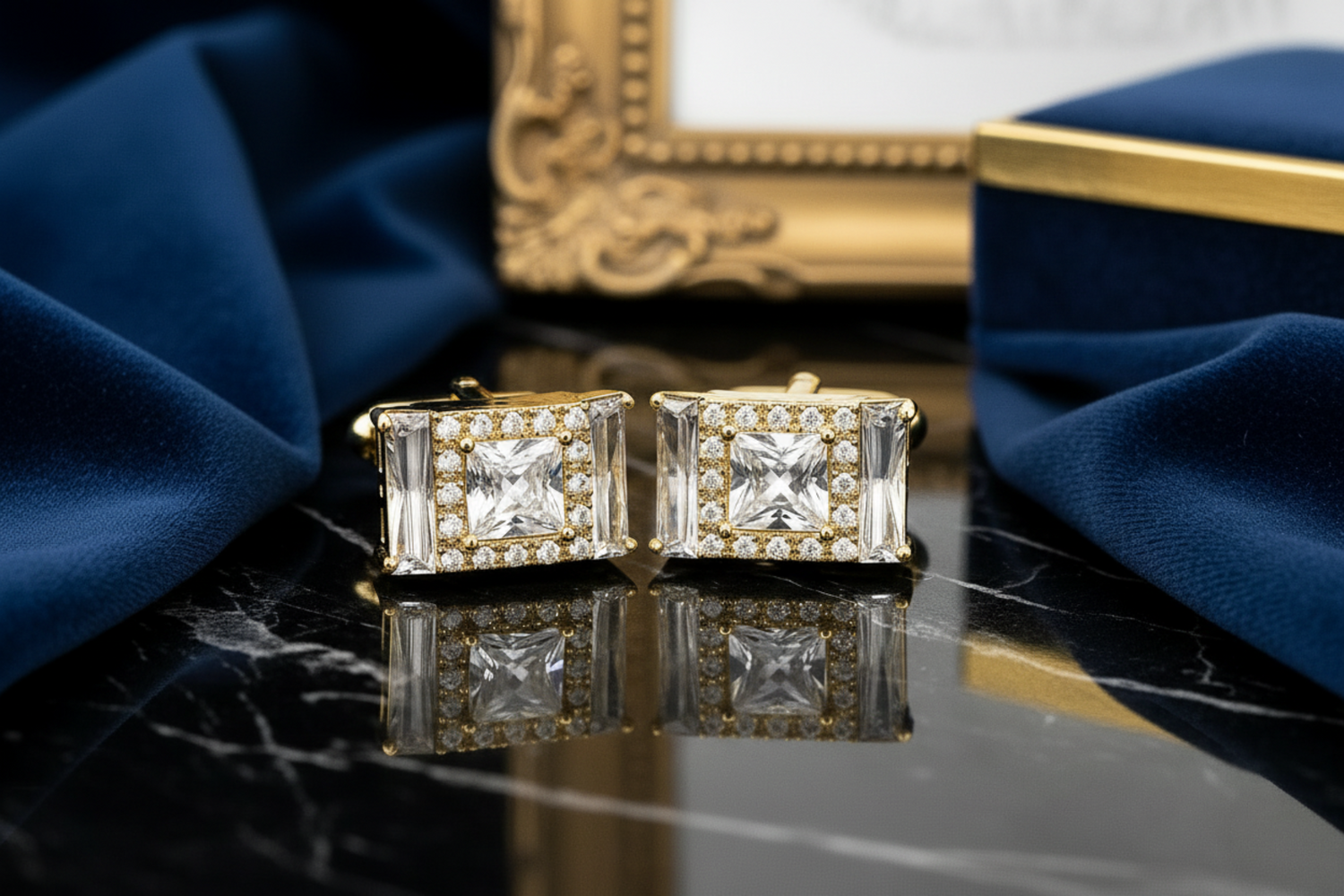 Main Gold Color Rectangle Cufflinks with Clear Stones
