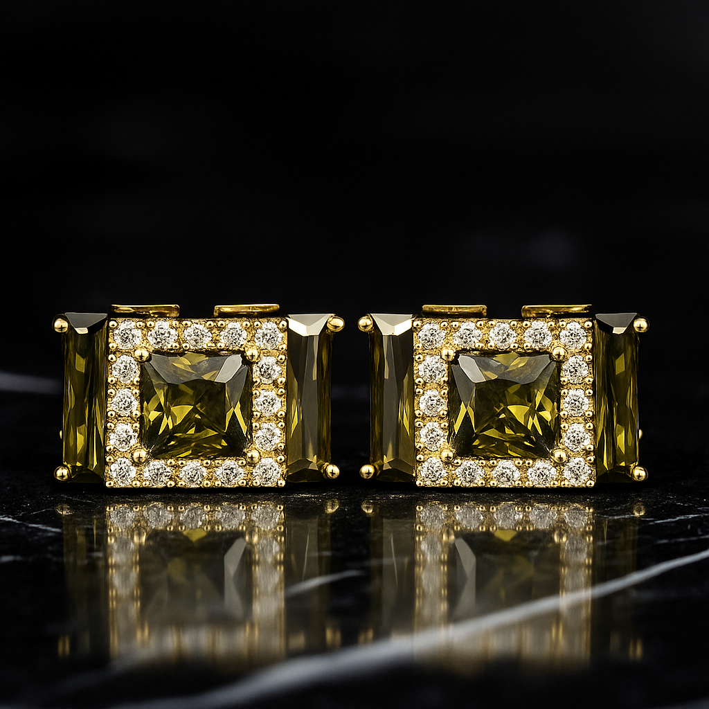 Main Gold Color Rectangle Cufflinks with Yellow Green Stones