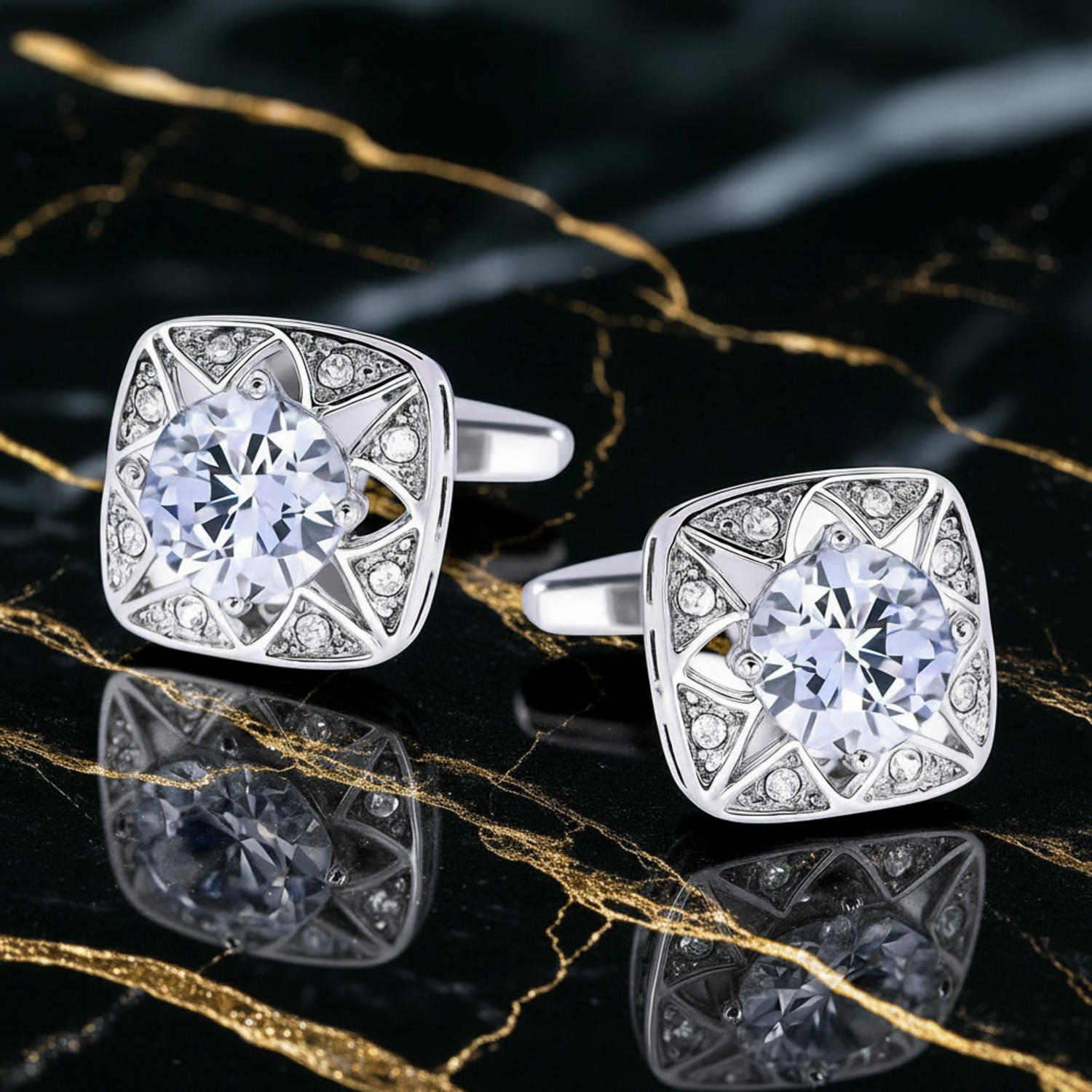 Premium A Silver, Clear Stone Square Shape Cuff-links Set