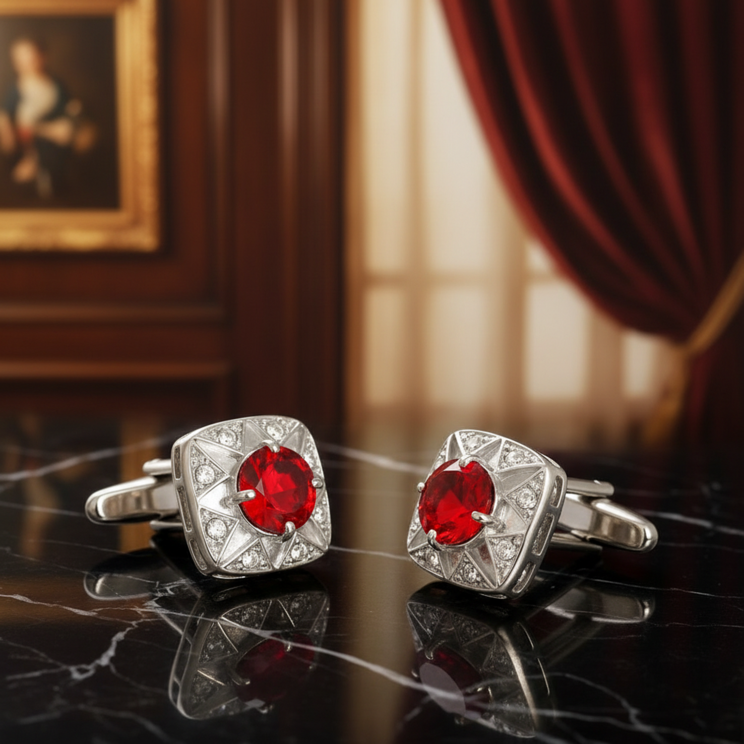 Silver cufflinks with red gemstones on a dark marble surface