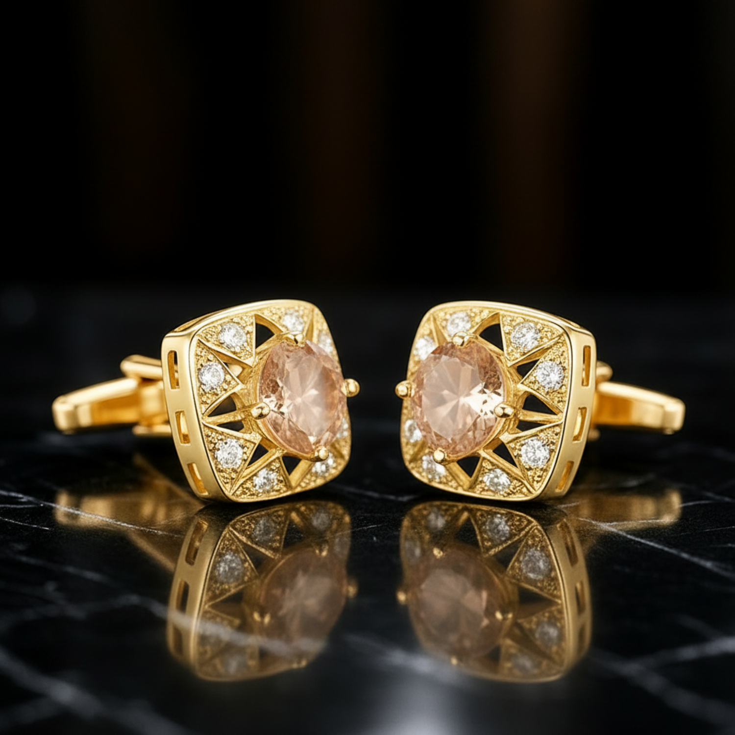 Gold cufflinks with pink gemstones on a reflective black surface