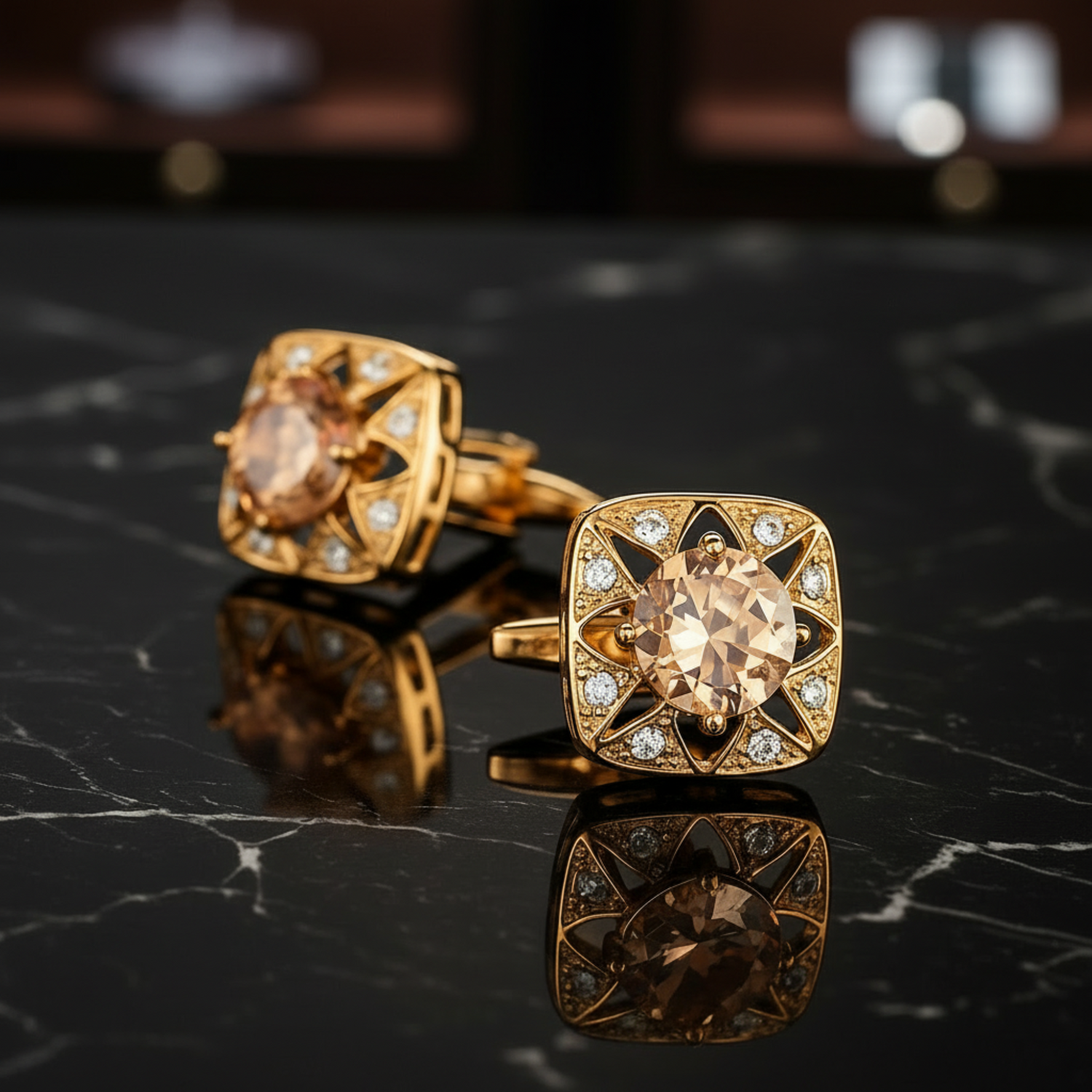 Gold cufflinks with gemstones on a black marble surface