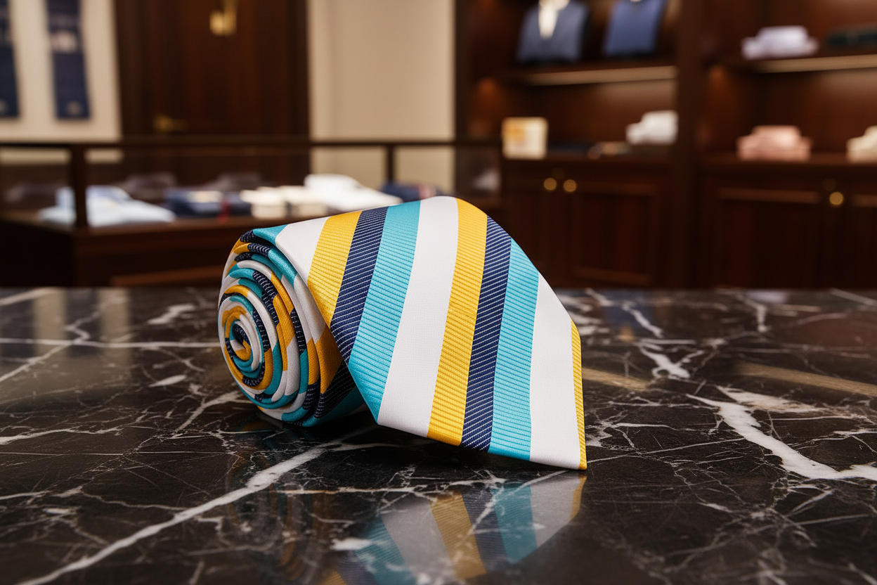 Striped tie with blue, yellow, and white pattern on a wooden surface with a blurred natural background