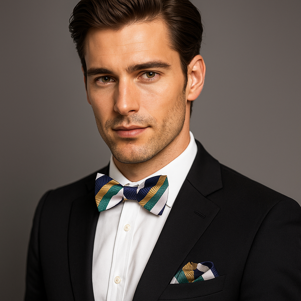 Man wearing a black suit with a Green, Gold, Blue Stripe Bow Tie and Pocket Square against a gray background