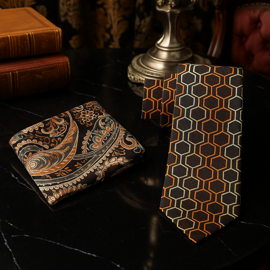 Alt View: Shades of Brown Geometric Necktie and Brown Paisley Square on a dark surface with books and a candle holder in the background.