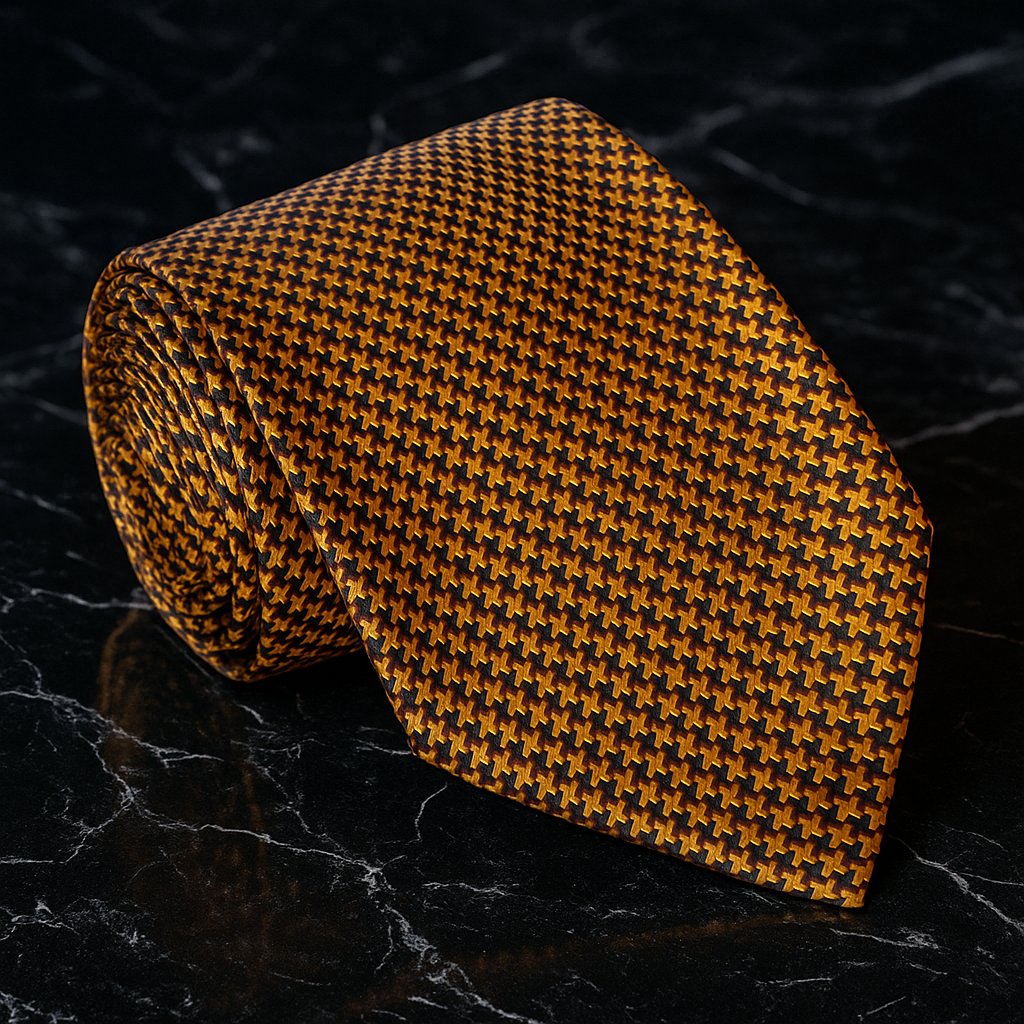 Gold and Black Houndstooth Tie on black marble