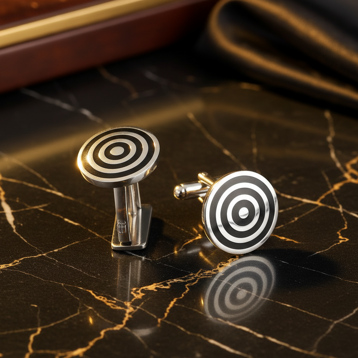 A Chrome and Black Colored Circular Shape with Bullseye Pattern Cuff-links. 3