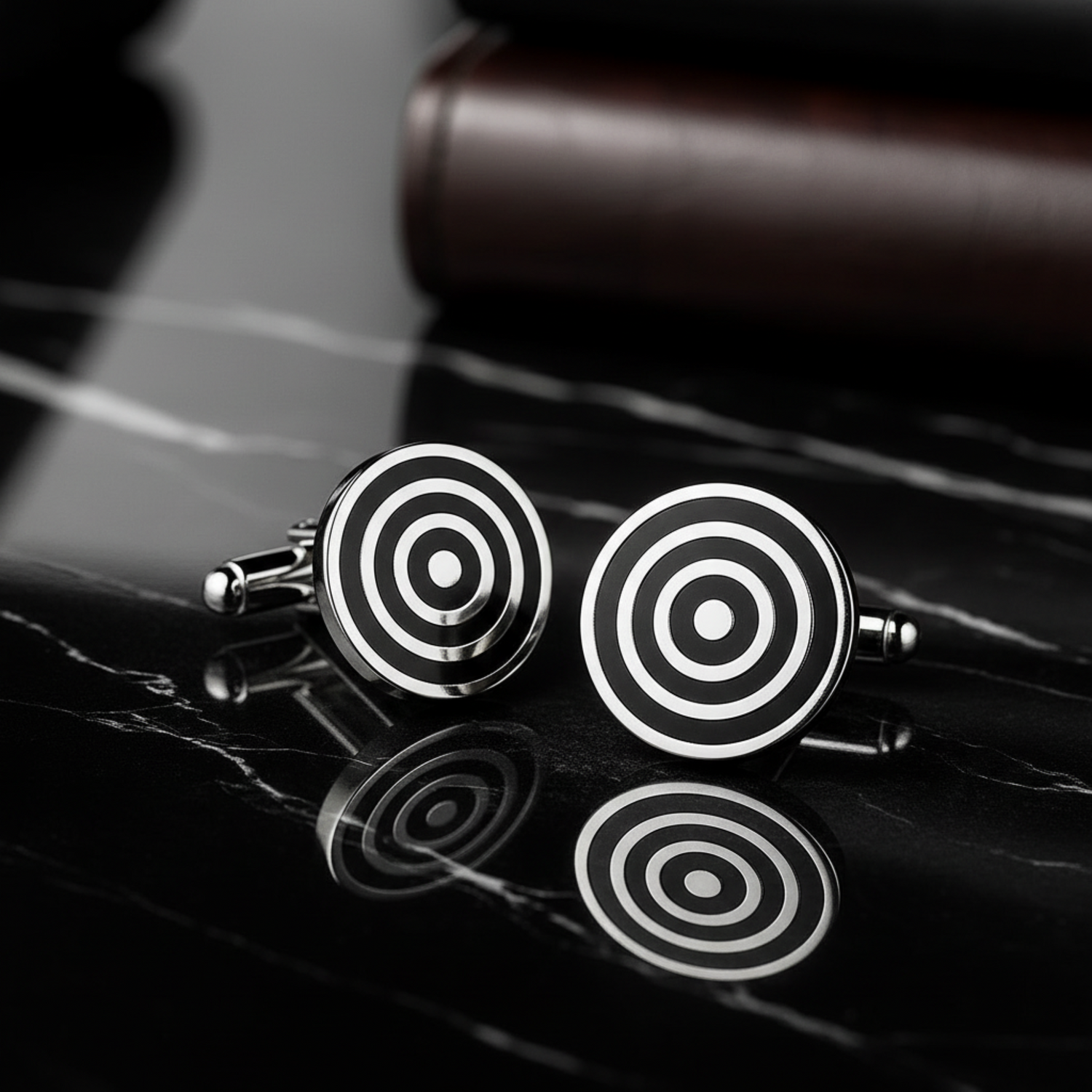 A Chrome and Black Colored Circular Shape with Bullseye Pattern Cuff-links. 2