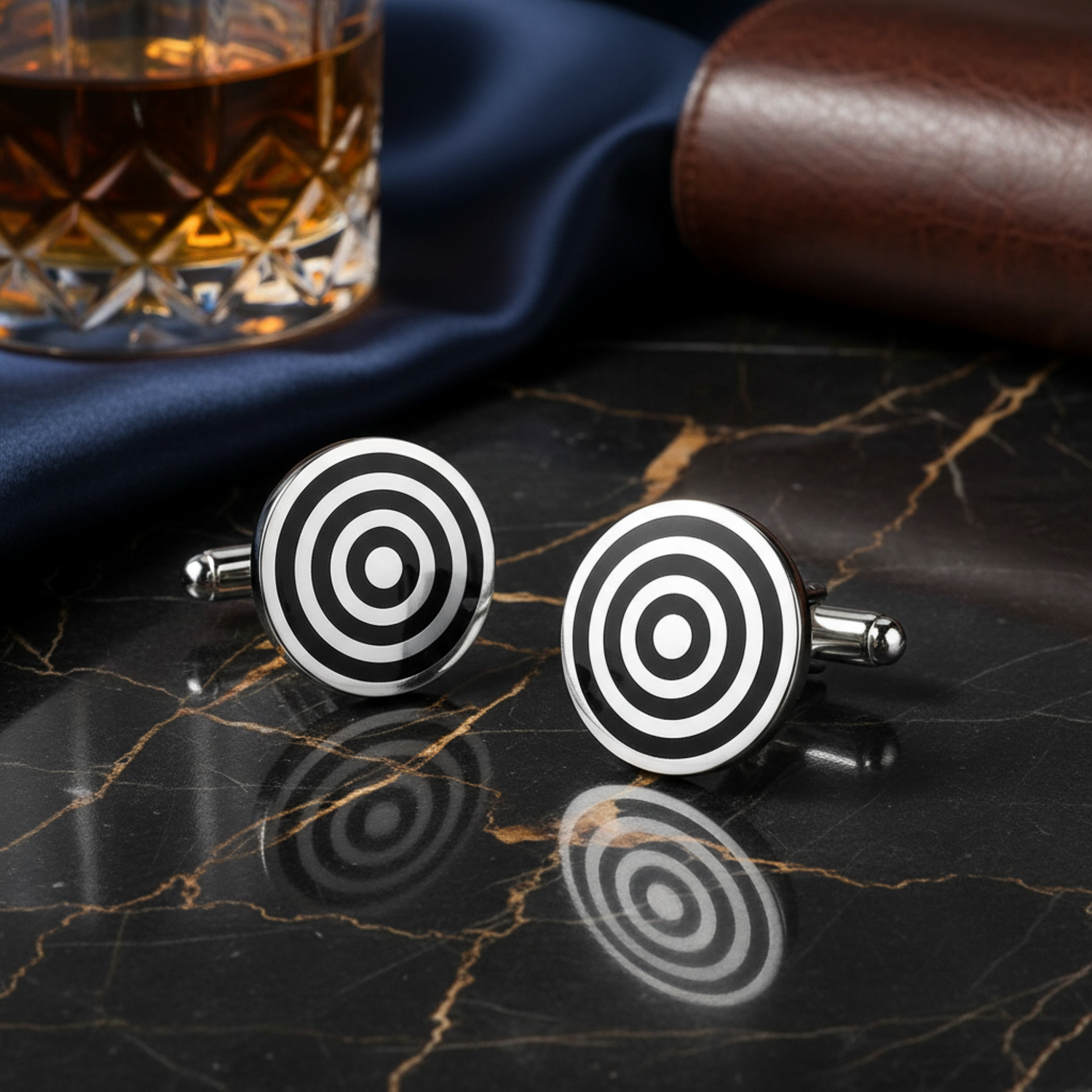 A Chrome and Black Colored Circular Shape with Bullseye Pattern Cuff-links.