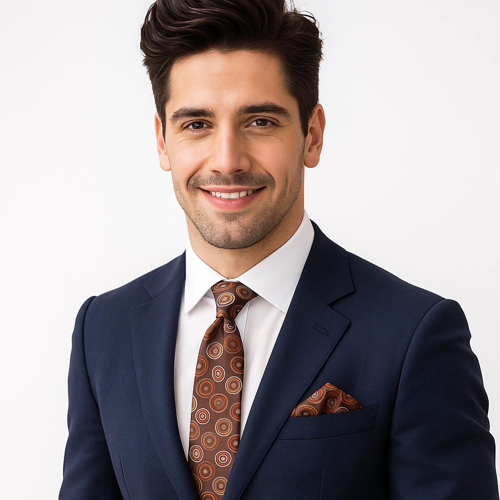 Man wearing a navy suit with a patterned tie and pocket square on a white background