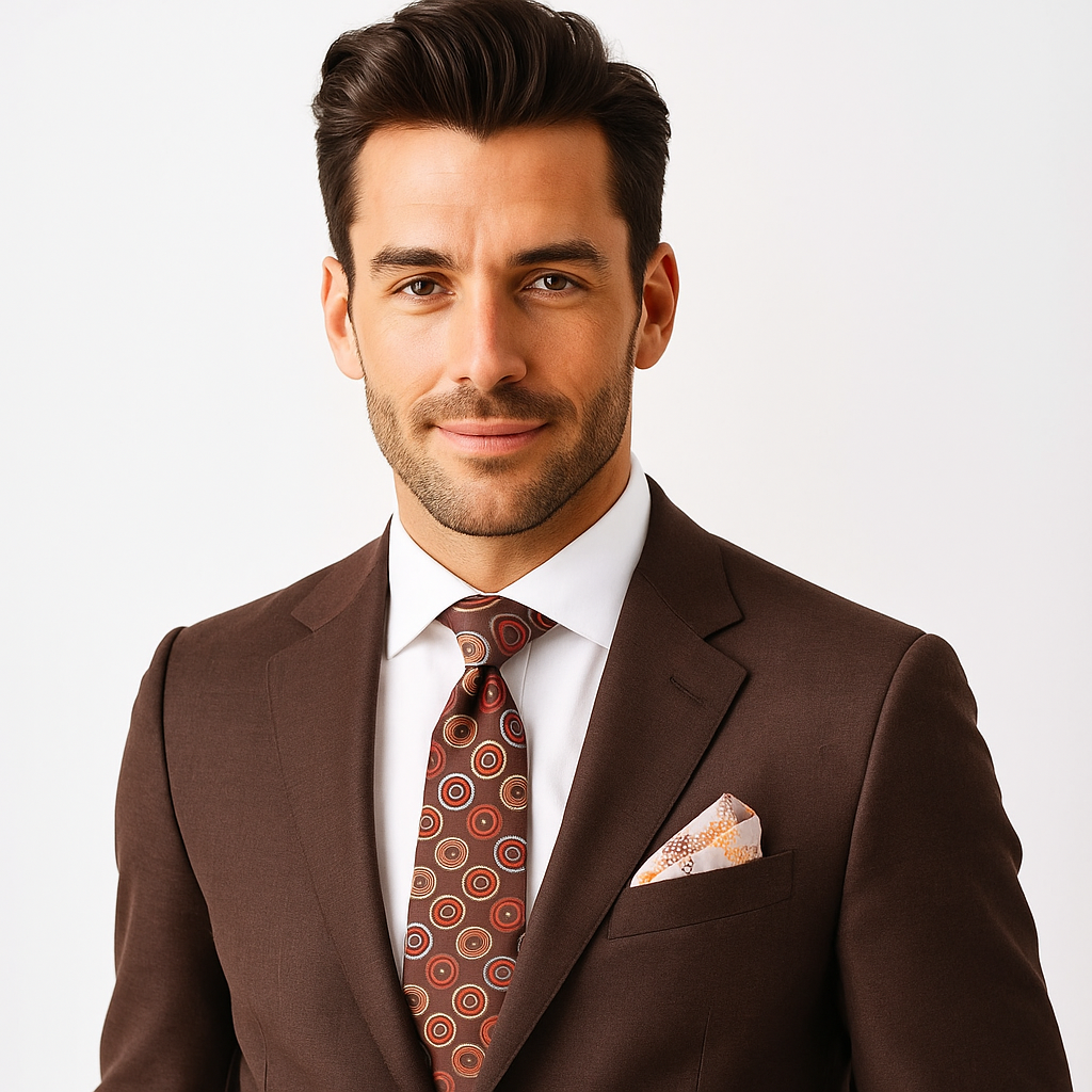 Man wearing a brown suit with a patterned tie on a white background