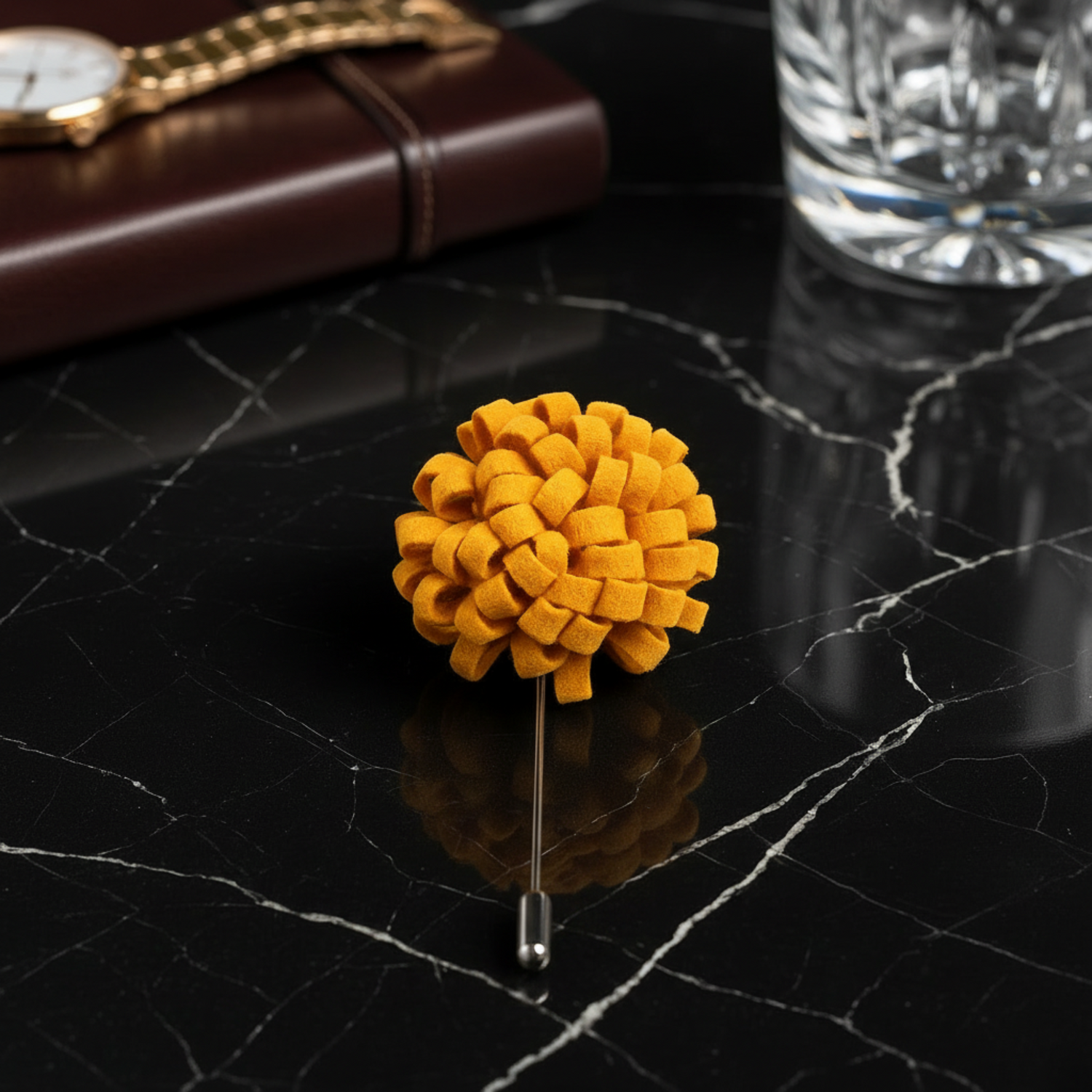 Main View: A Yellow Knit Burst Lapel Pin||Yellow