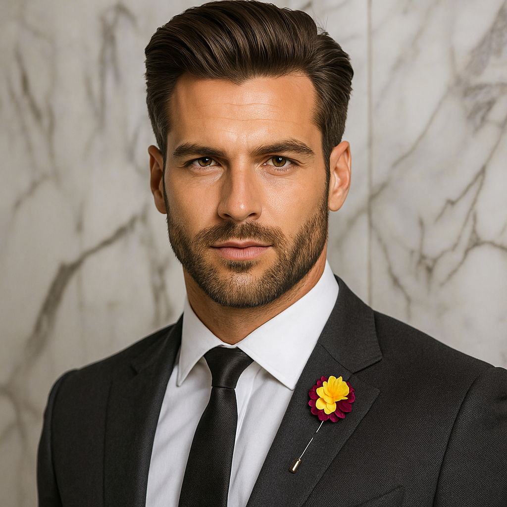 Man in a suit with a floral boutonniere against a marble wall