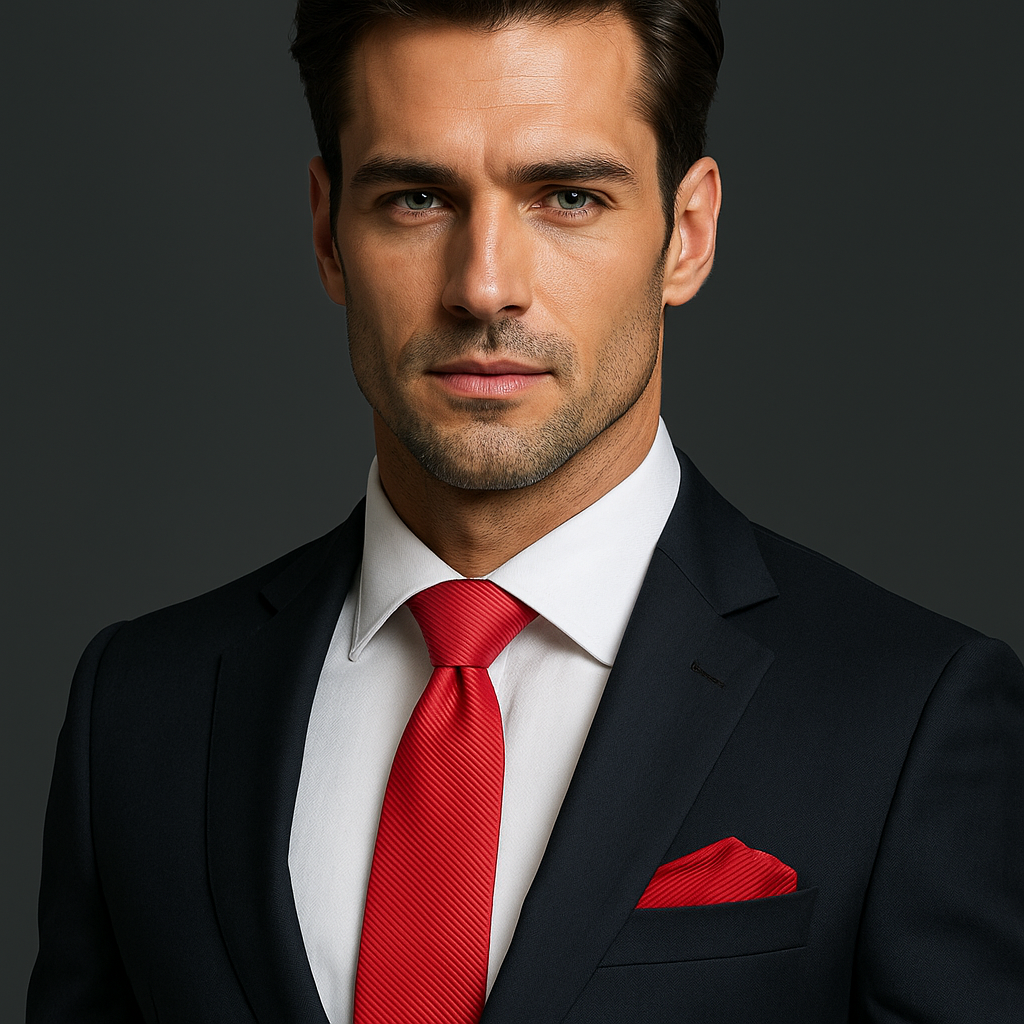 Man wearing a black suit with a red tie and pocket square on a dark background