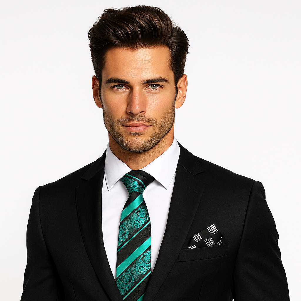 Man wearing a black suit with a white shirt and green patterned tie on a white background