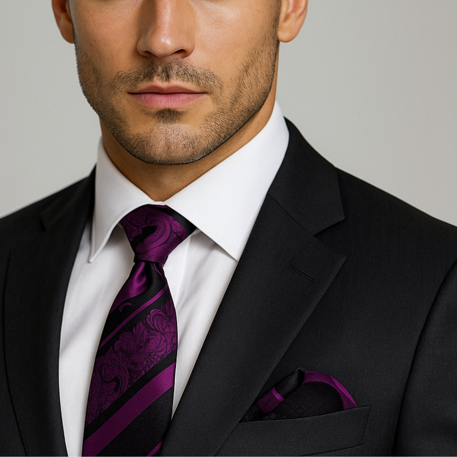 Man wearing a black suit with a purple tie and pocket square on a gray background