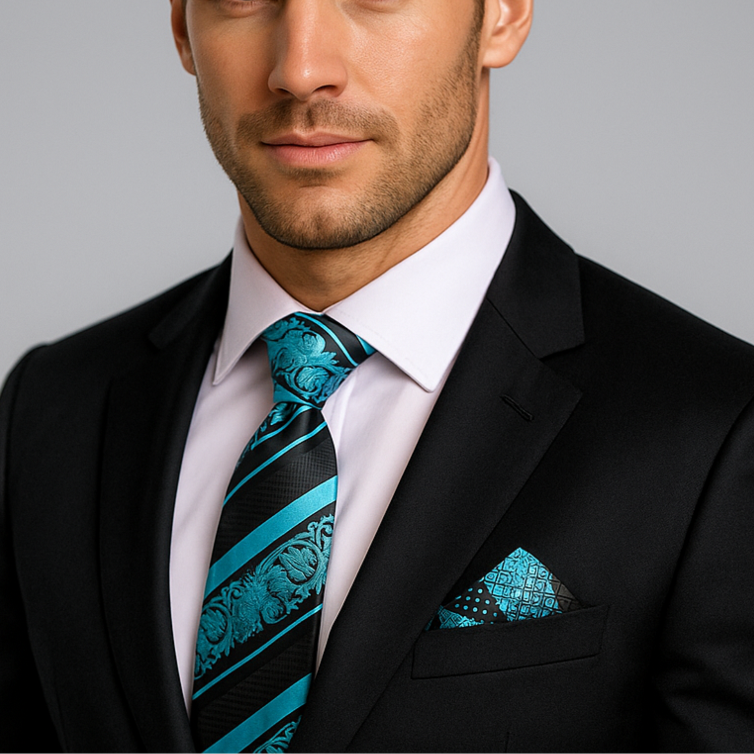 Man wearing a black suit with a Black and Light Blue Paisley and Stripe Tie and Accenting Square on a gray background