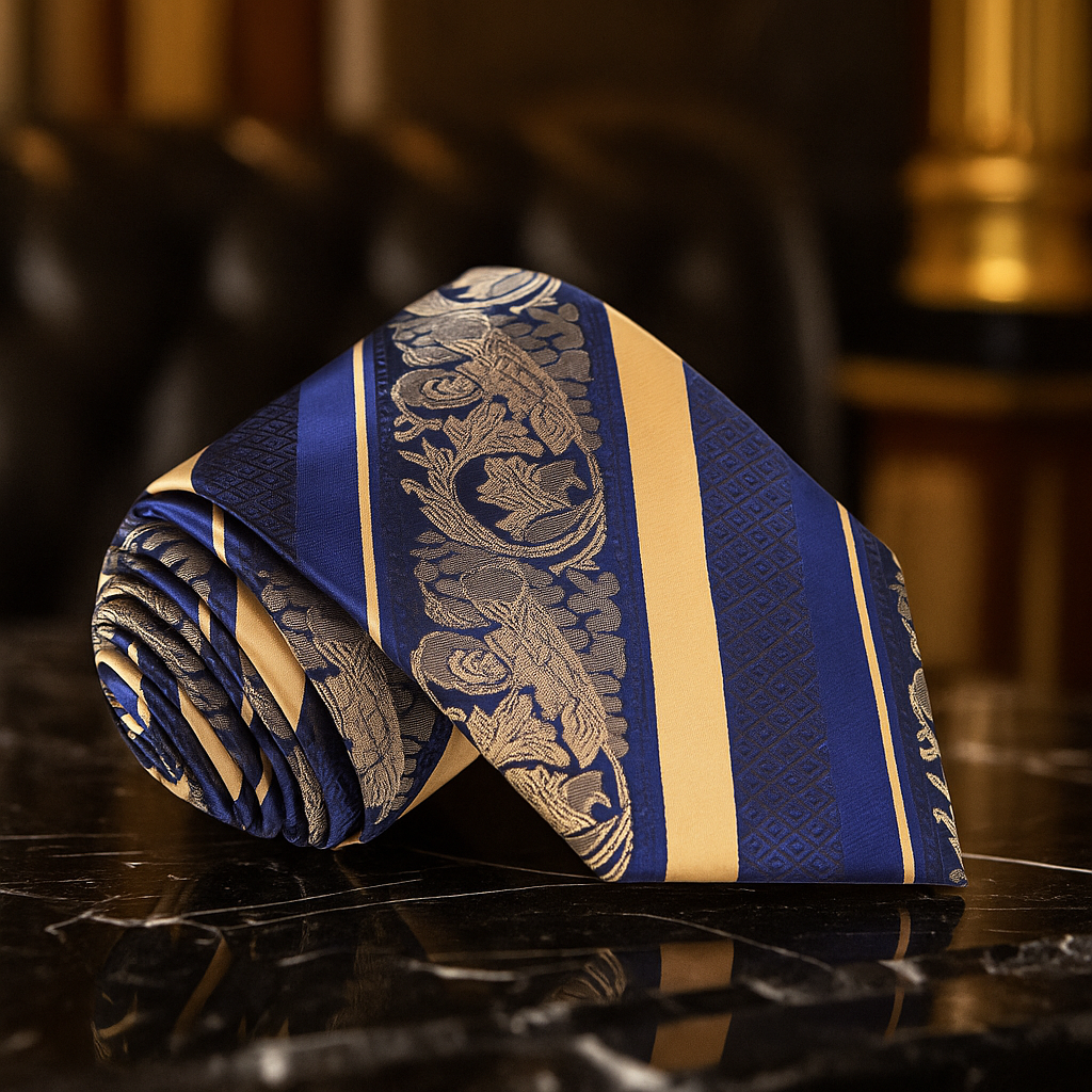 Roll of blue and beige striped tie with intricate patterns on a reflective surface.