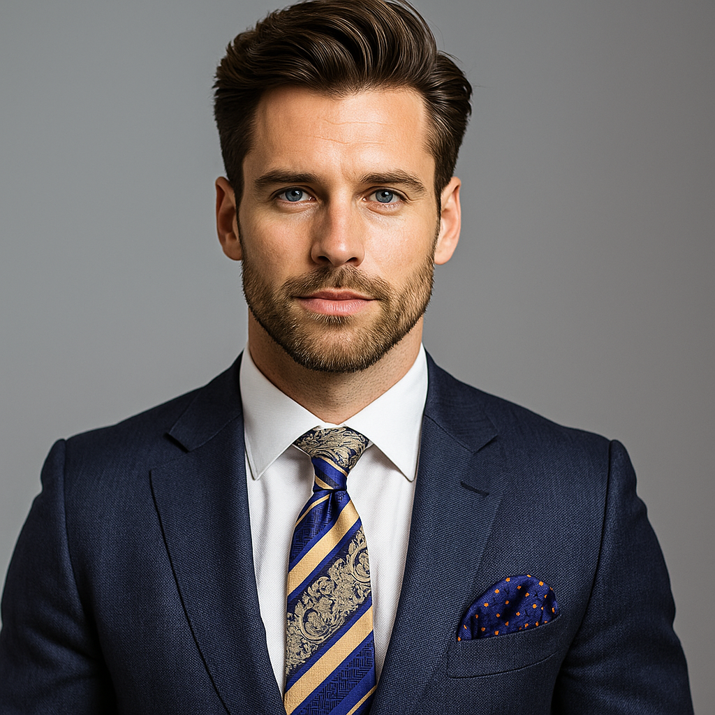 Man wearing a blue suit with a patterned tie and pocket square on a gray background