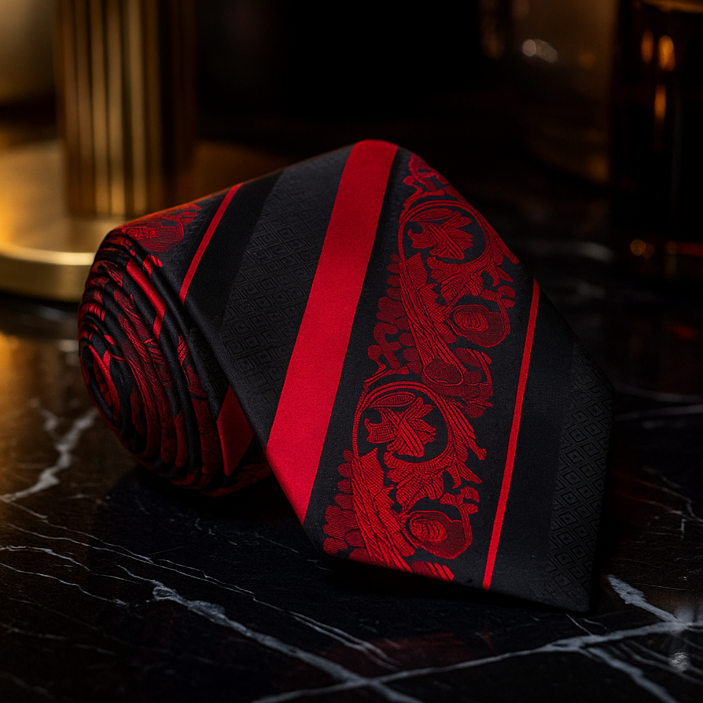 Black and red striped tie with intricate patterns on a dark surface