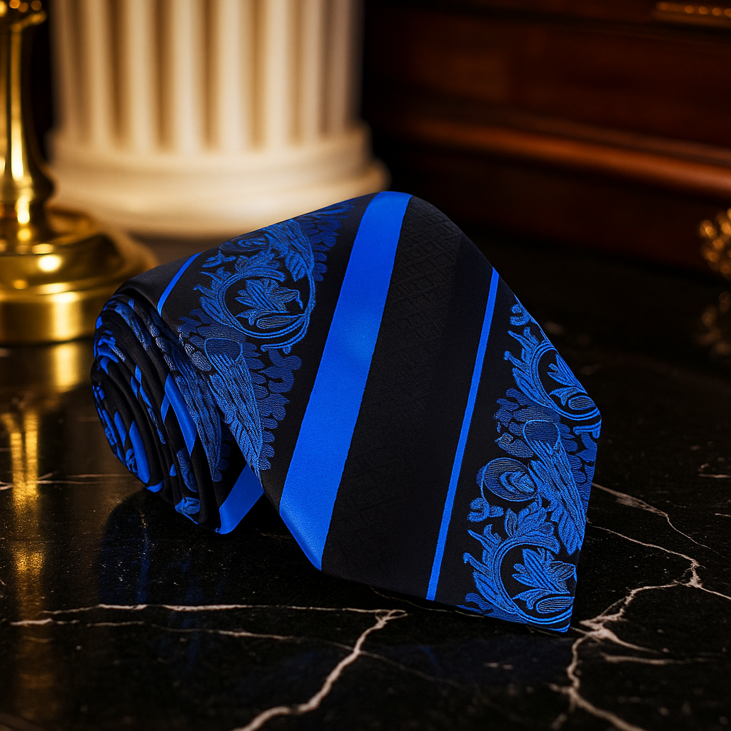 Blue and black patterned tie on a dark surface with classical columns in the background