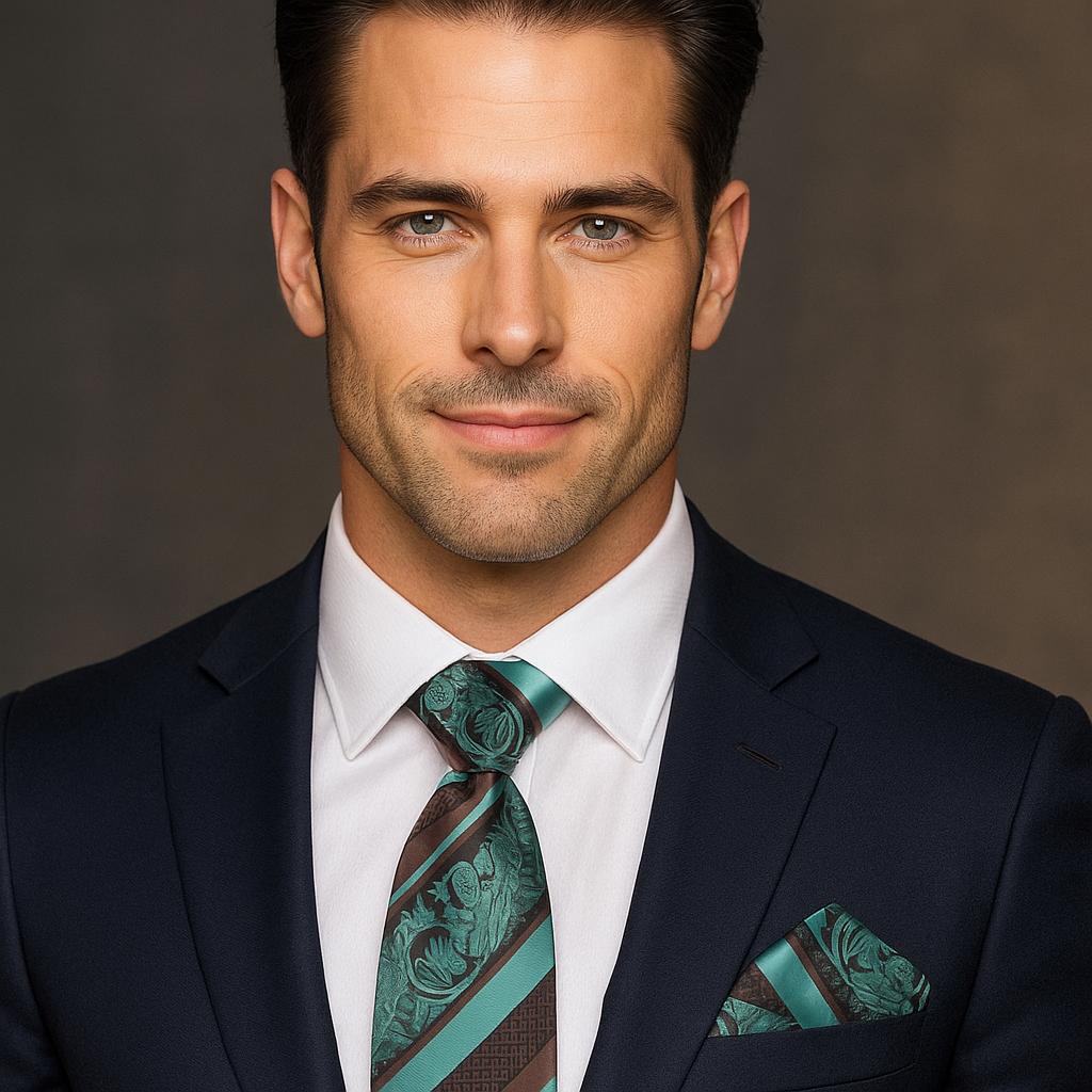Man wearing a dark suit with a brown and green paisley and stripe patterned tie and pocket square against a neutral background