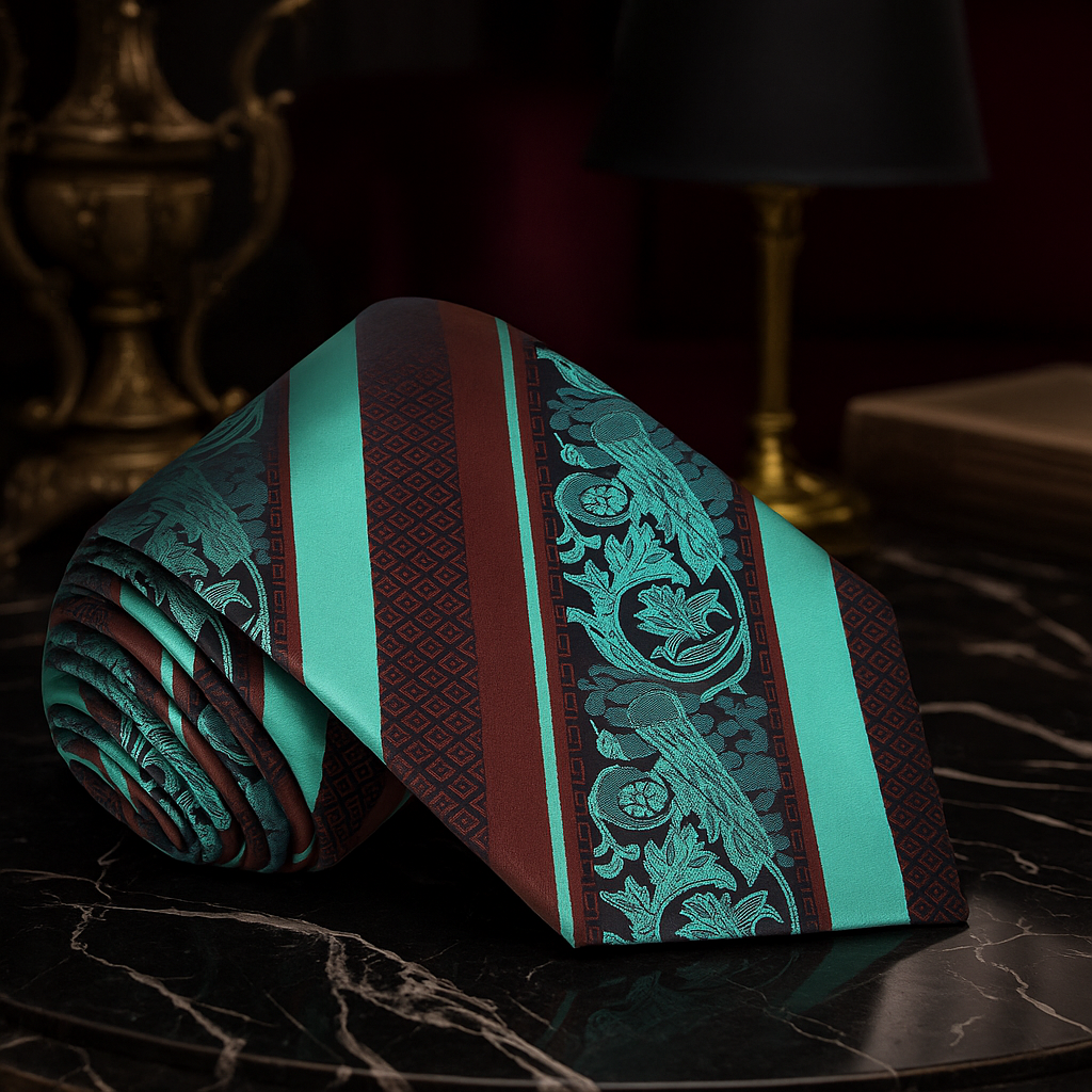 Roll of decorative fabric with intricate patterns on a dark surface