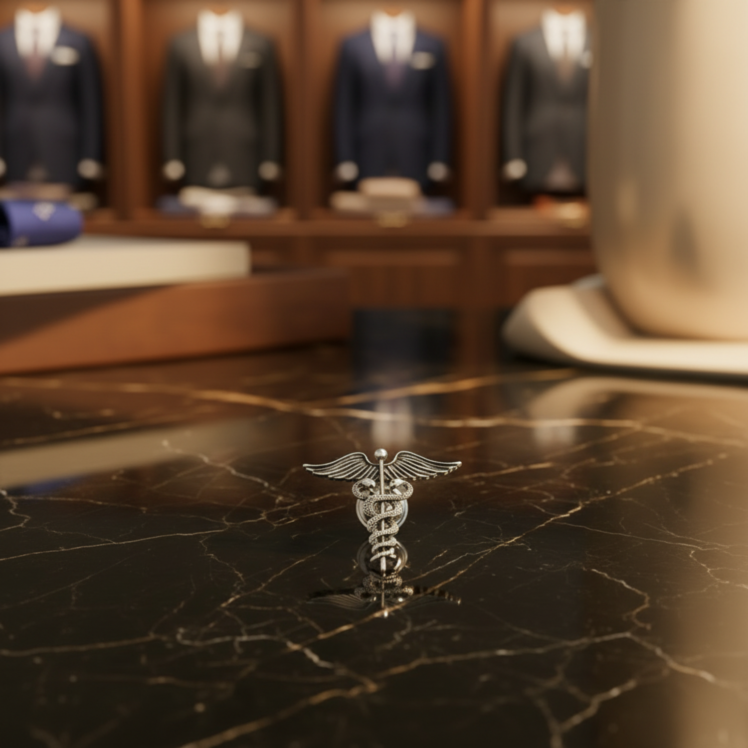 Silver caduceus symbol on a black marble background